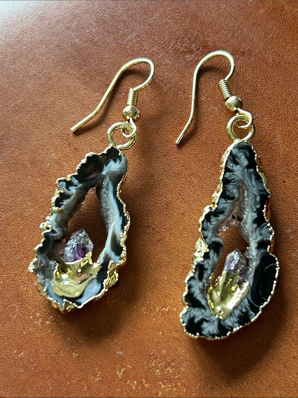 Boho Agate Geode & Amethyst Crystal Point Earrings